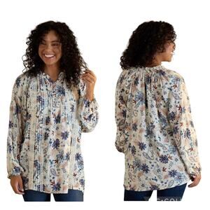 Cracker Barrel Ivory Floral Tunic Top XXL Lace Pleated Ruffle Trim Cottagecore